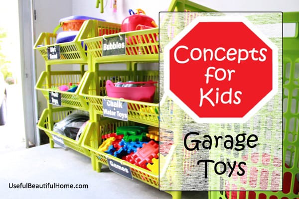 Great ideas for organizing garage toys plus free printable labels at I'm an Organizing Junkie