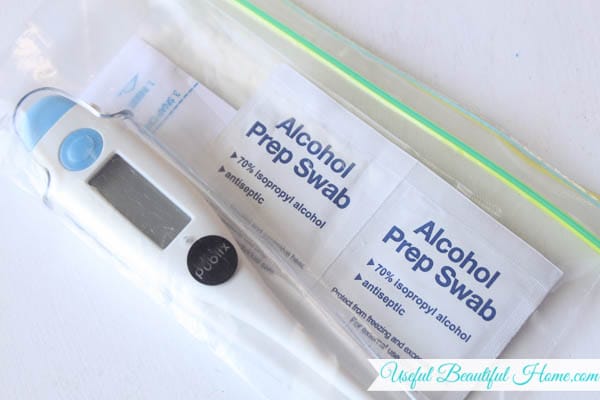 Keep a simple thermometer and alcohol wipes together in a baggie for traveling with kids