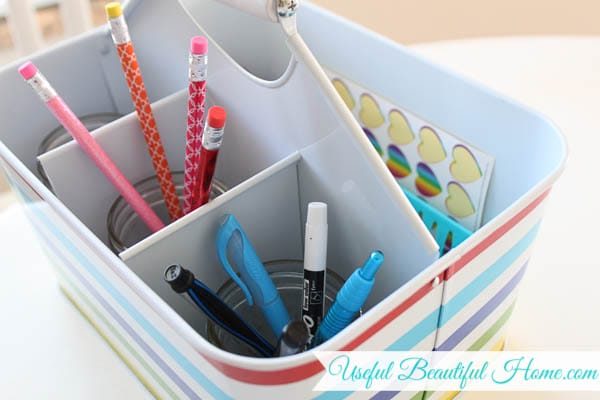 Use a caddy and things around the house to organize your homeschool table