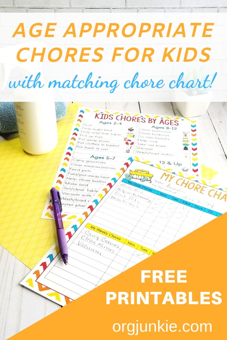 Agre appropriate chores for kids with a free printable chore chart at I'm an Organizing Junkie blog