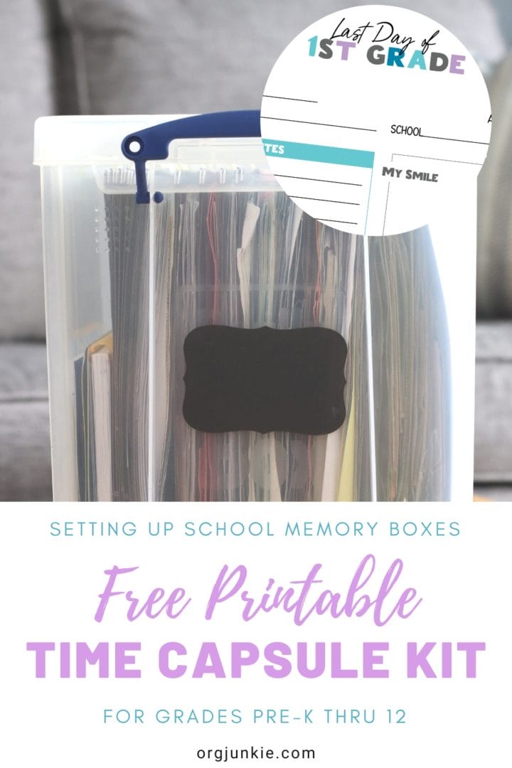 Setting Up School Memory Boxes with Free Printable Labels & Time Capsule Kit at I'm an Organizing Junkie blog